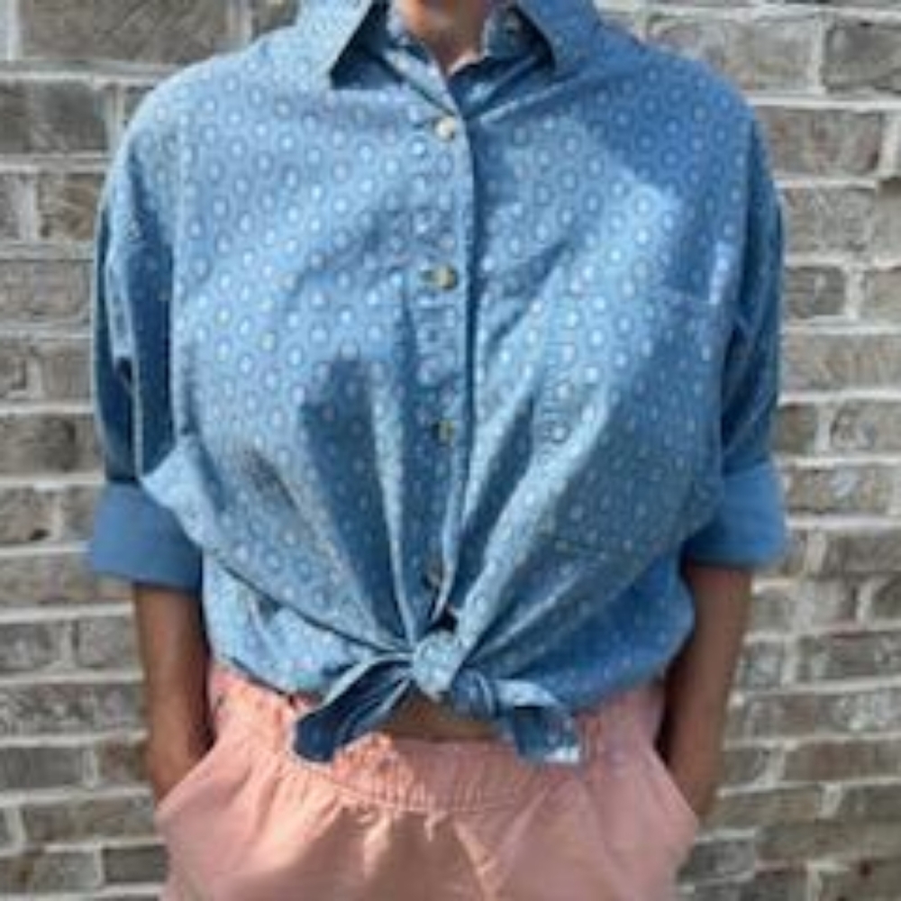 Vtg 90s Abstract Floral Oversize Shirt Blue Pink Print Button down Tie many ways